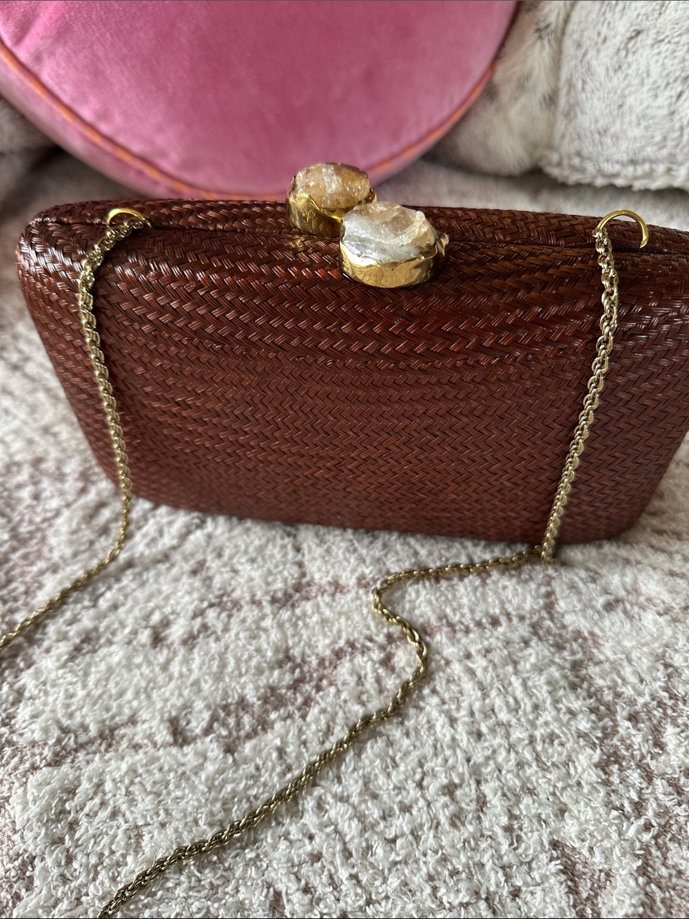 Lea Newman Brown Woven Clutch Geode Stone Clasp Chain Crossbody